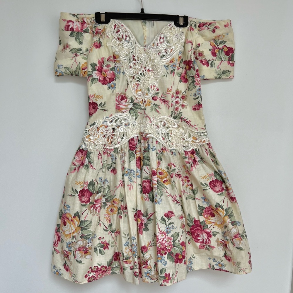 Vintage 80s Scott McClintock (10) Off Shoulder Bridgerton Corset Floral Dress